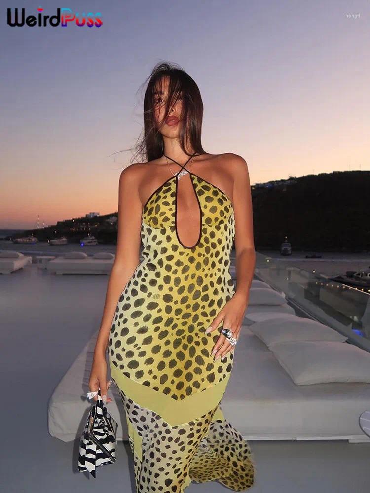 Casual Dresses Nibber Leopard-Print Halter Dress Woman Summer Sexy Backless Chiffon Patchwork Trend Two-Way Wear Irregular-Hem Chic B