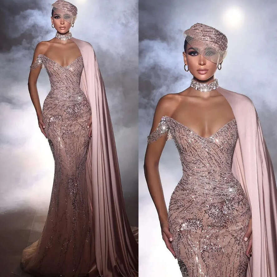 Gorgeous Pink Mermaid Evening Elegant With Wrap V Neck Prom Dress Sequins Beaded Formal Dresses For Women 0516