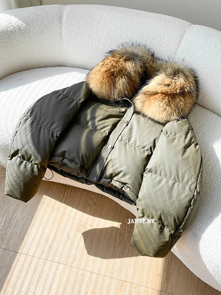 Janveny Real Natural Fur Winter Stand collar short Pu puff jacket womens thick duck style warm jacket 241112