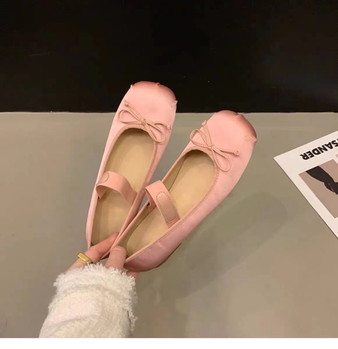 Designer silk New 0b7a9 Bowtie ballet big square toe ballerina shoes elastic band slip on New loafers women flats plus size 43