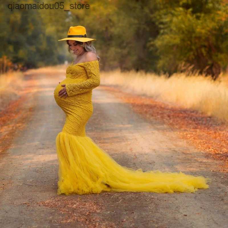 Maternity Dresses Long sleeved maternity clothing photo shoot sexy off shoulder lace pregnancy dress maternity clothing photo prop Q240413
