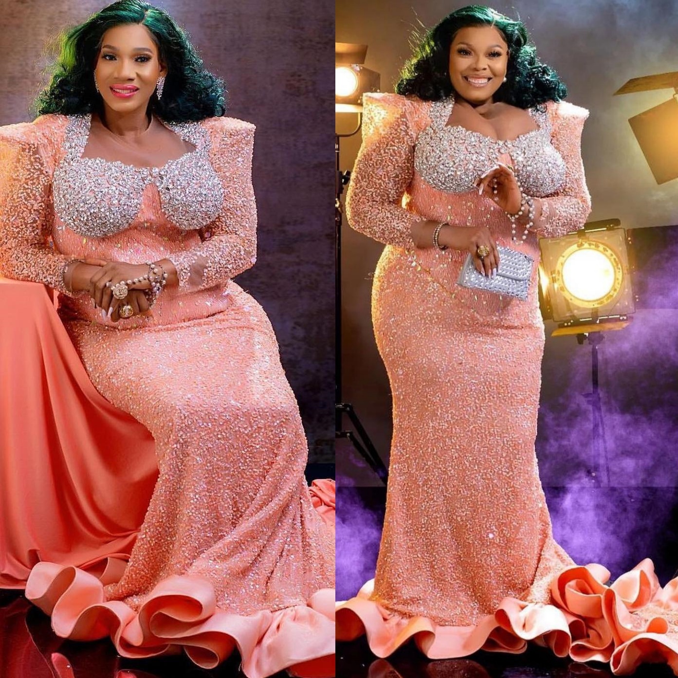 2024 Plus Size Blush Pink Mermaid Prom Dresses For Special Occasions Crystals Sequined Full Sleeves Evening Party Birthday Gowns Dress For Women Vesti