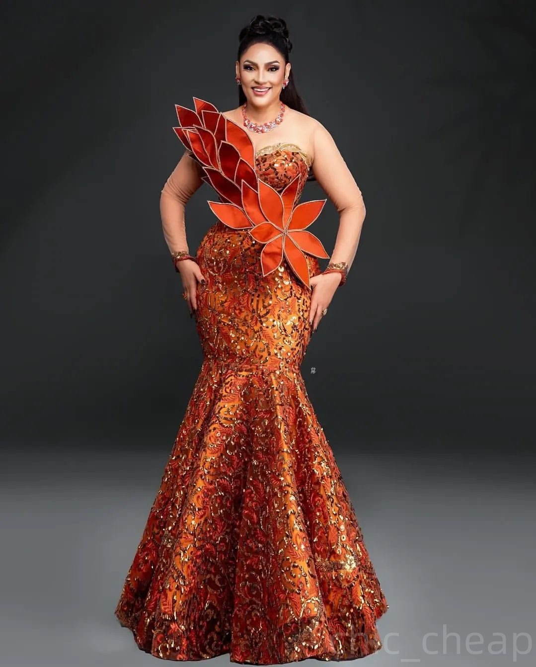 2024 Plus Size Orange Mermaid Prom Dresses For Special Occasions Florals Lace Full Sleeves Evening Party Birthday Gowns Dress For Women Vestidos de no