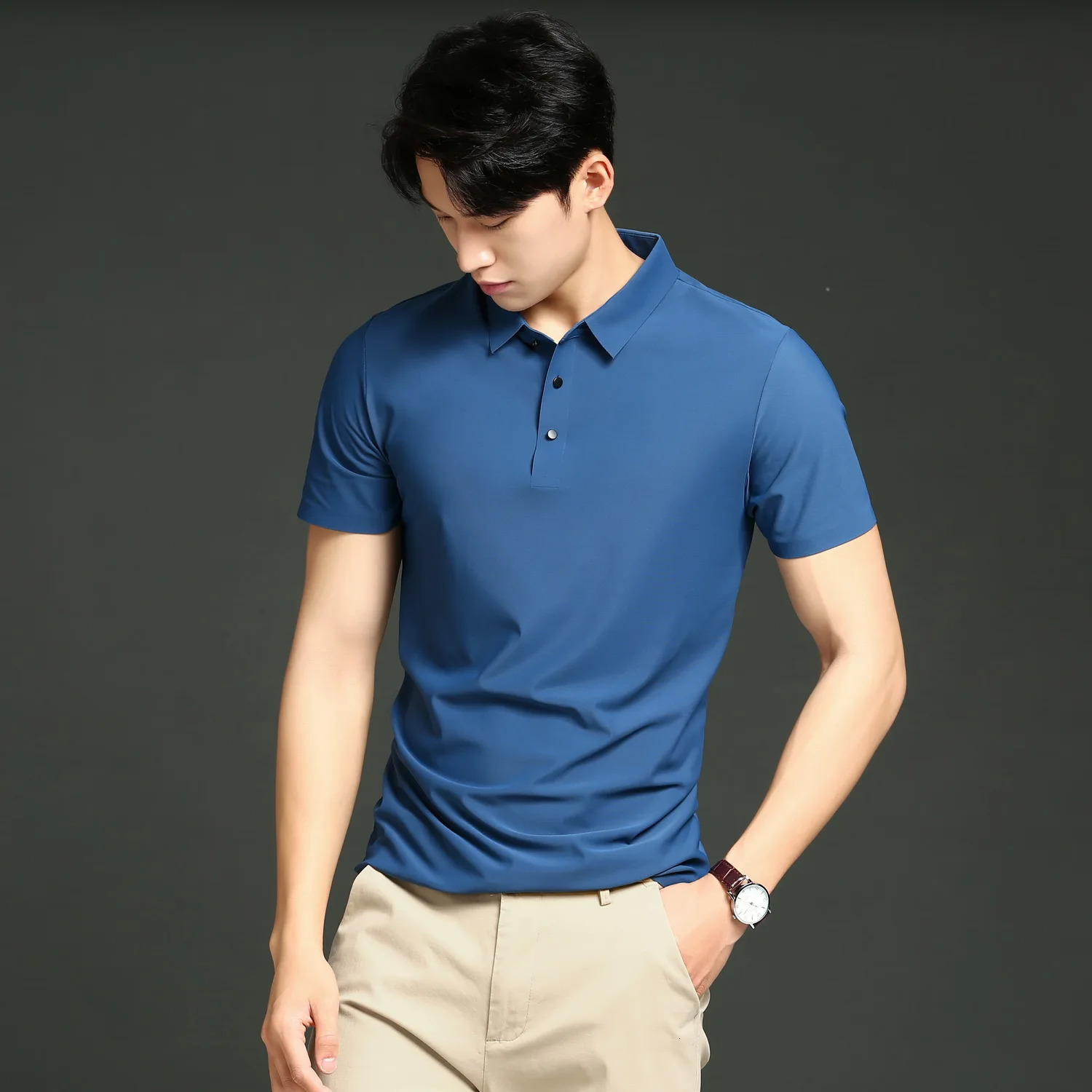 For Summer High Quality No Trace Breathable Fashion Short Sleeves Black Blue Nylon ICE Silk POLO Shirts 240407