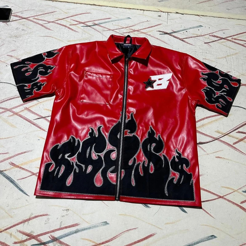 Y2K Flame Harajuku Leather Jacket Punk Style Fashion Embroidery USD Pattern Patch Mens Loose Rest Cardigan T-shirt 241112