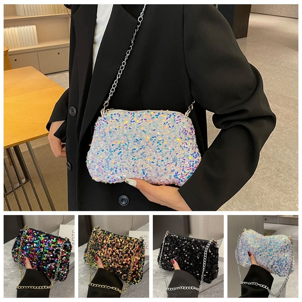 Chain Sequins Crossbody Bag Solid Color Korean Style Sequins Shoulder Bag Phone Purse INS Evening Clutch Bag Dinner Party