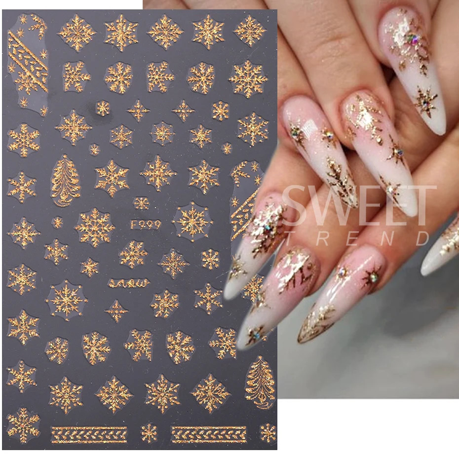3D Gold Glitter Snowflake Nail Sticker Winter Reflective White Sweater Star Dancer Christmas Tree Foil Xmas Year Decal Tips 241112