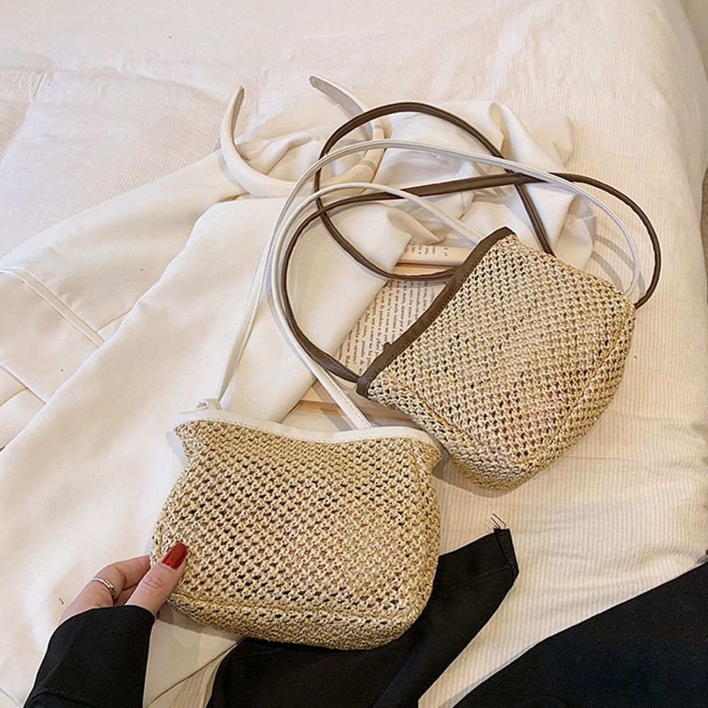 Hollow Out Raffia Bag Cute Bohemian Style Pu Leather Weave Straw Crossbody Bag Mobile Bag Shoulder Bag Streetwear