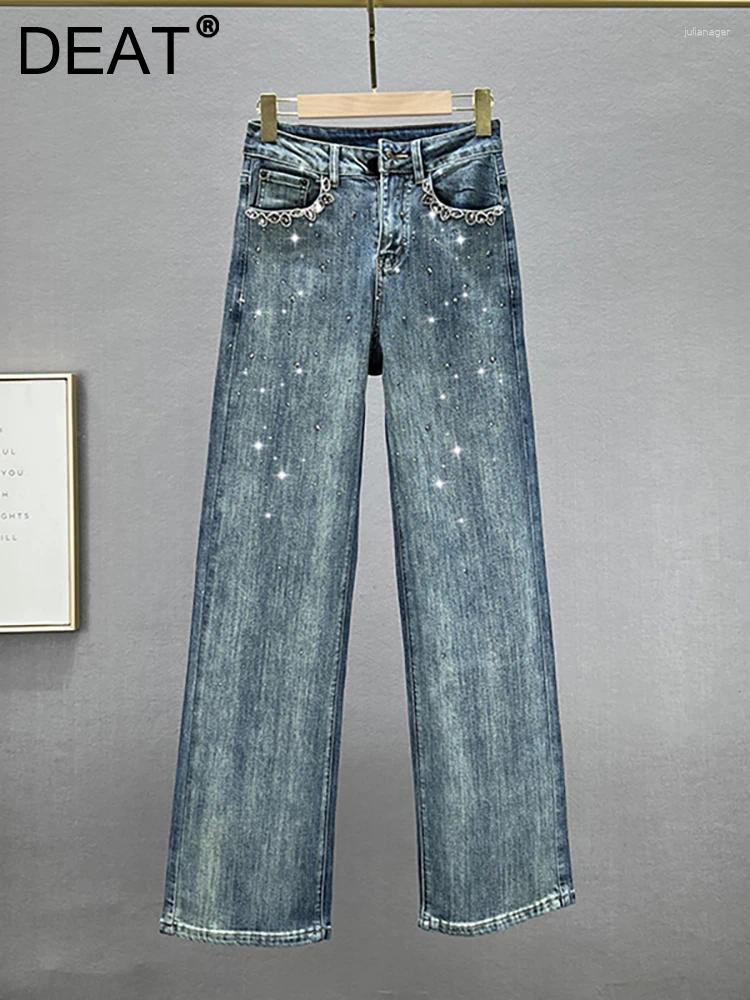 Women's Jeans High Waist Pockets Edge Diamond Studded Straight Wide Leg Blue Denim Pants 2024 Autumn Fashion 29L3903