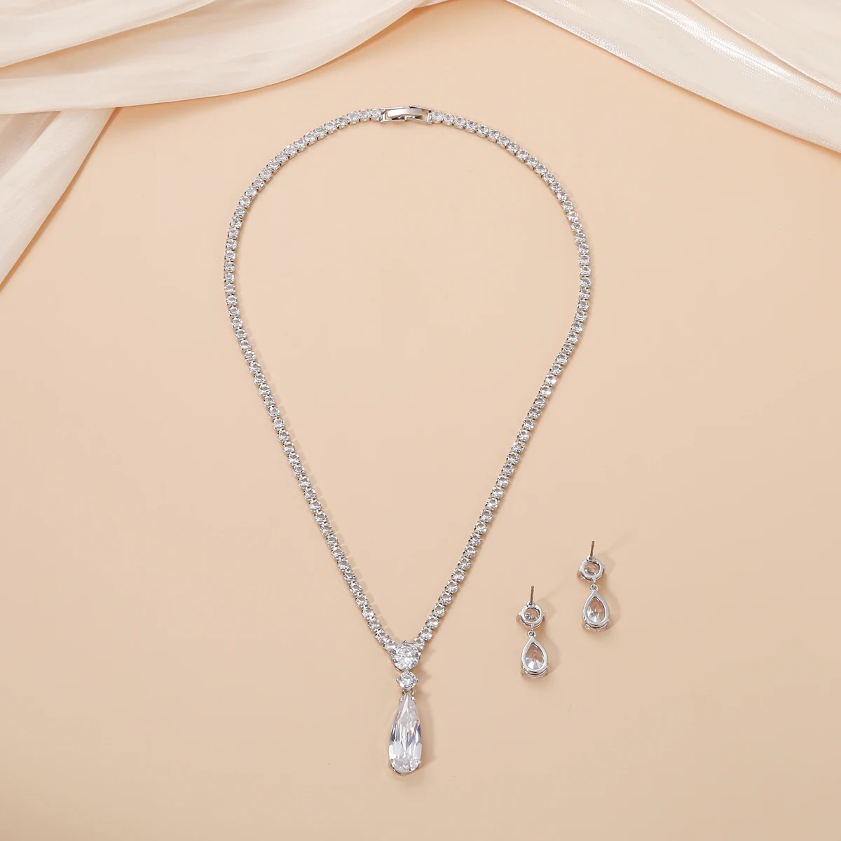 Water Drop Rhinestone Obega Long Pendant Crystal Sier Plated Necklace Earrings Elegant Zirconia Bridal Wedding Jewelry Set smile