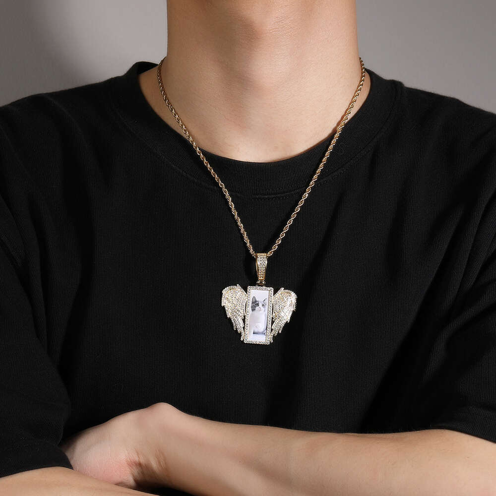 Top Quality Bling Rectangular Angel Wings Custom Photo Pendant Necklace Punk Hip Hop Jewelry New Creative Ins Style Necklaces Iced Out Cz Stone Jewelr