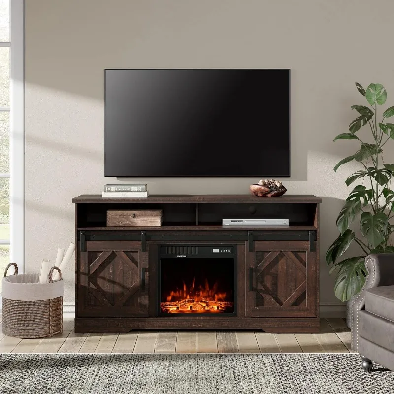 Farmhouse Wood Electric Fireplace TV Console, Entertainment Center with Storage, Sliding Door&Adjustable Shelf for Living Room