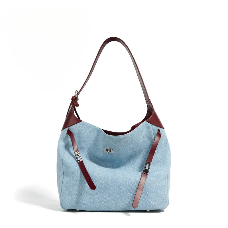 Women Shoulder Female Casual HOBO Tote Handbag Lady Fashion Underarm Bag Soft Denim With Split Leather Bucket Messenger Denim BagVoyage