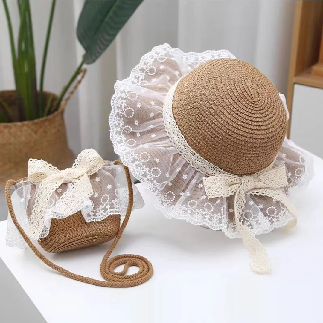 2pcs/sets Kids Straw Hat Shoulder Bags Set Summer Girl Sun Cap Children Girl Straw Panama Hat Travel Beach Sun Hat and Bag 241112