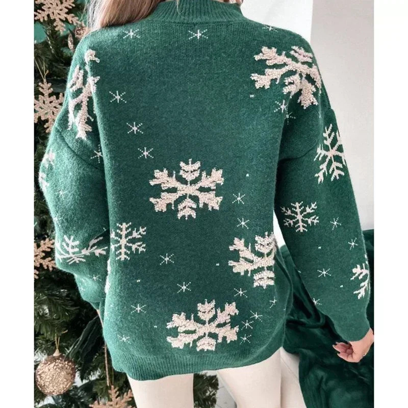 Christmas Womens Sweater Snowflake Printed Warm Thick Jacquard Parachute Y2K Clothing Oversized Knitted Full Set Zipper 241113