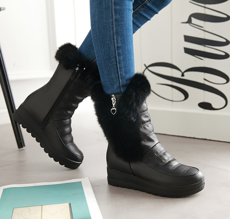 New rabbit fur boots, short boots, low heel, sloping heel, warm snow boots, casual boots
