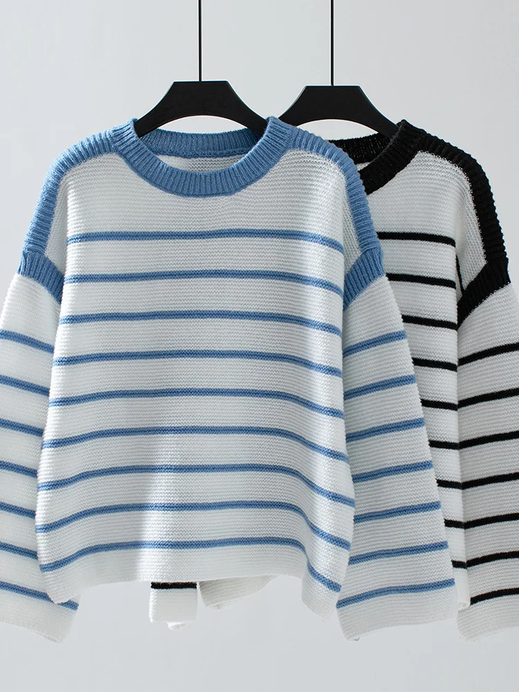 Miyouj Stripe Knitwear Round Neck Jumper Womens Fashion Long Sleeve Pullover Top Fashion Clothing Bottom Womens Sweater 241113