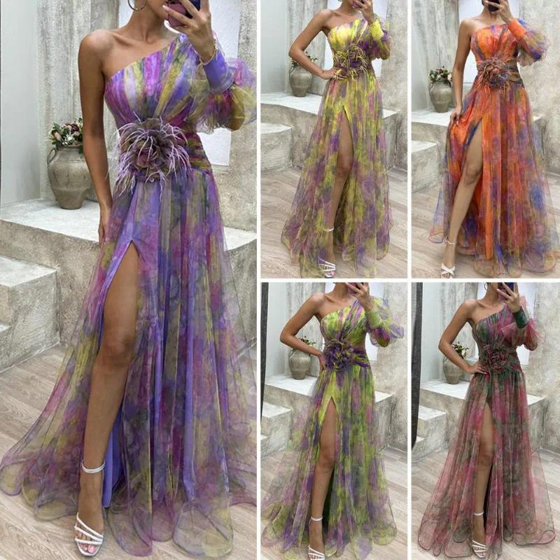 Casual Dress Evening Dress Off Shoulder A-line Elegant Single Shoulder Tie Dyeing Ball Dress Mesh Bubble Sleeves Open Hemp