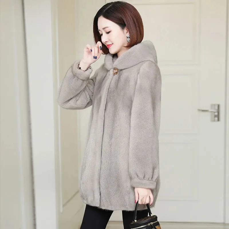 Winter womens Haining mink swan fur leather jacket womens hooded medium long thick mink coat Korean loose jacket A879 241113