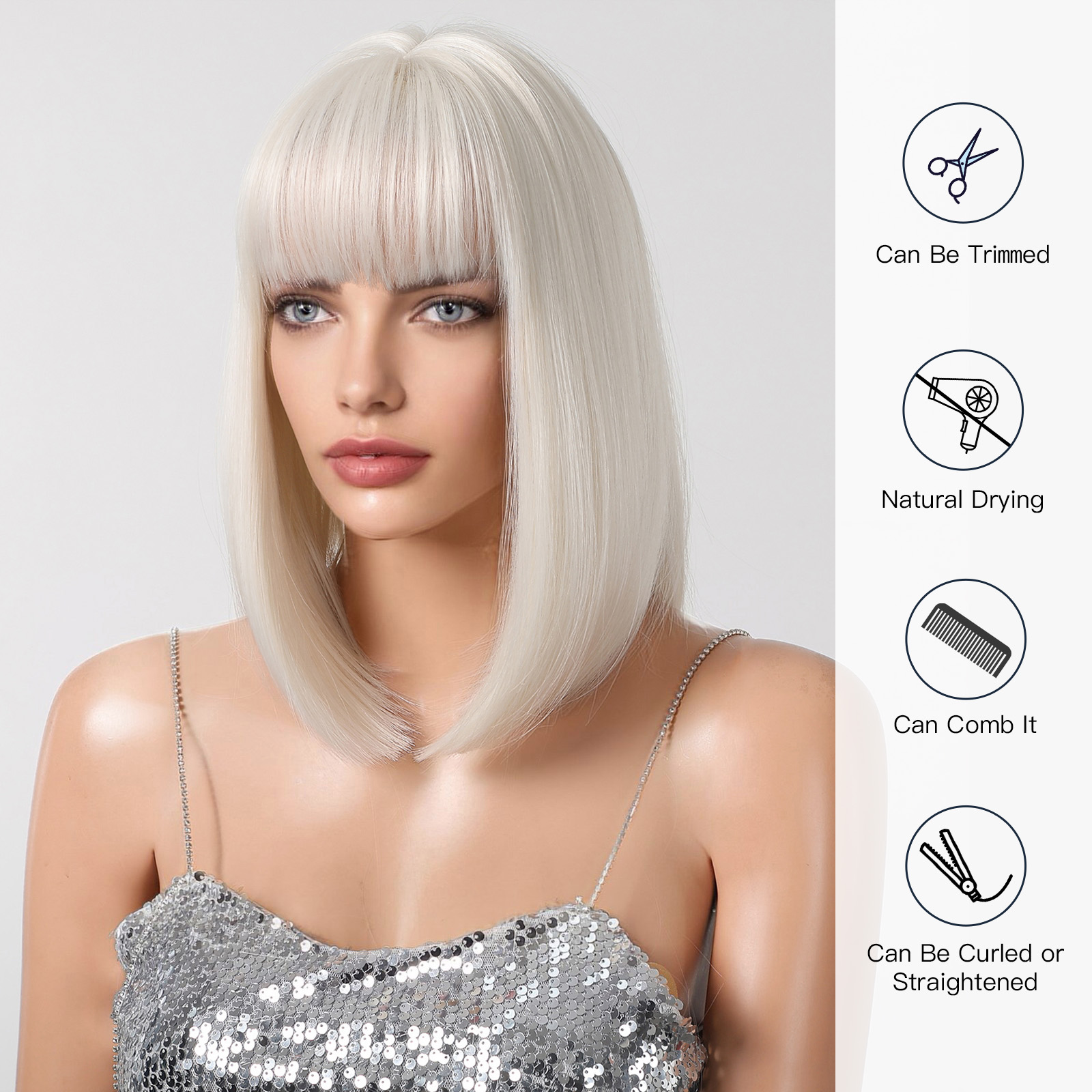 HENRY MARGU Bob Synthetic Wigs with Bangs Shoulder Length Hair White Soft Cosplay Party Daily Wig for Women Girls Use