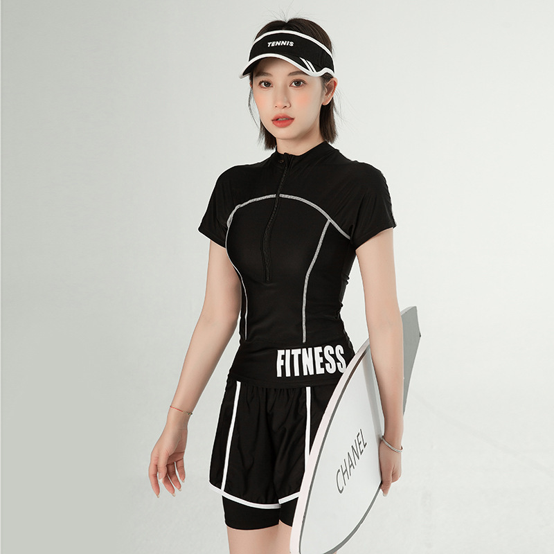 Swimsuits Modest Tankini Women for Two Piece Bathing Suits Solid Black Short Sleeve Shirt with Boyshorts Rash Guards smile