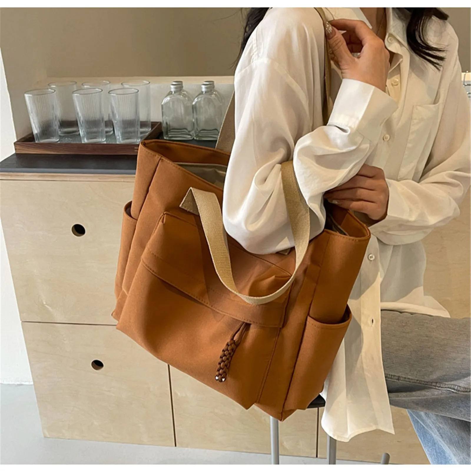 Large capacity womens canvas bag 2024 casual shoulder bag summer student commuting handbag 241112