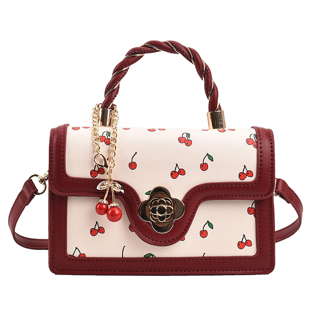 Women Cherry Shoulder Bag PU Leather Cherry Square Chain Bag Adjustable Strap Cherry Pattern Sling Bag Female Daily Commute Bag