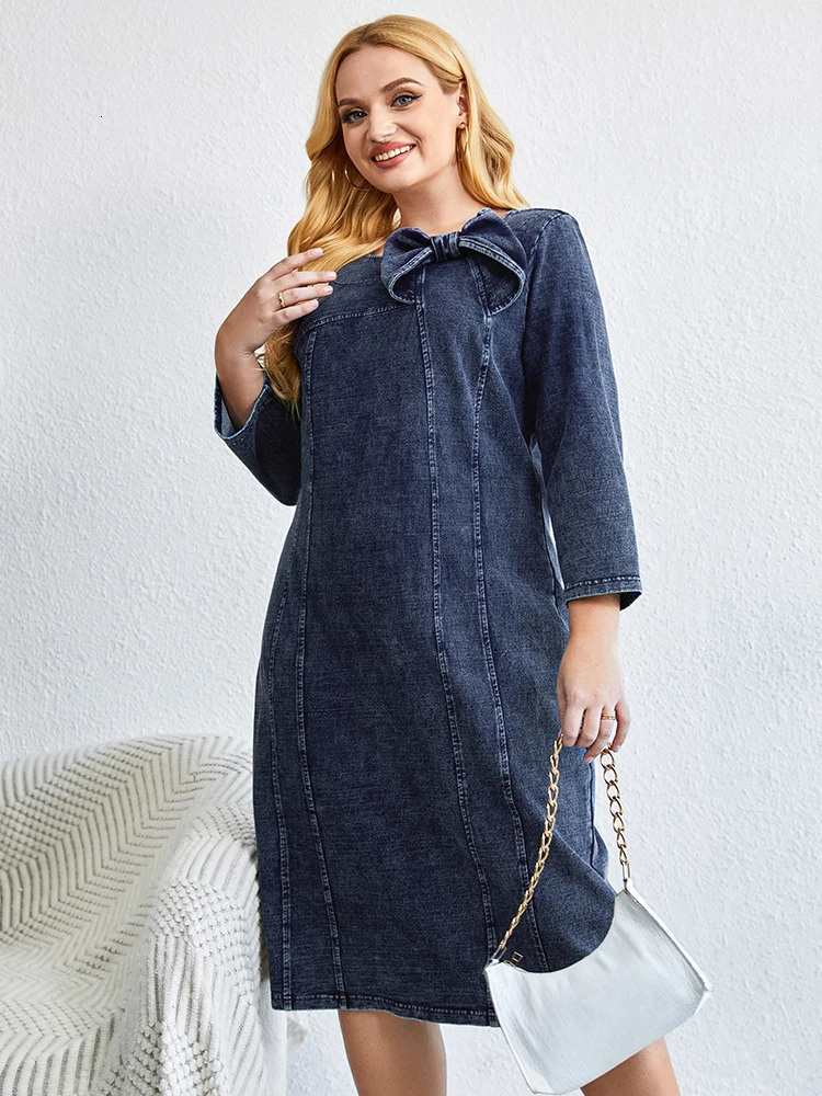 LIH HUA Womens Plus Size Denim Dress Autumn Chic Elegant Dresses For Chubby Women Cotton Knitted Bow Knot Dress 240407