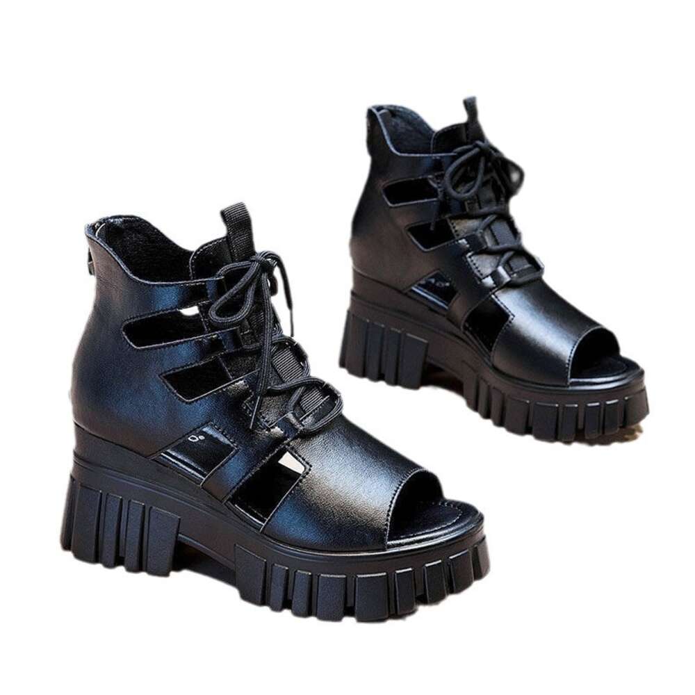 Summer Hollow Breathable Roman Sandals For Women 2024 New Versatile High Thick Sole Cool Slope Heel Matsuke Shoes