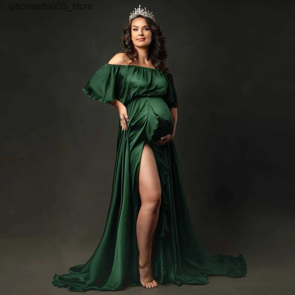 Maternity Dresses Bohemian off shoulder maternity dress photography dress pleated satin split style dress baby shower dress photo shoot Q240413