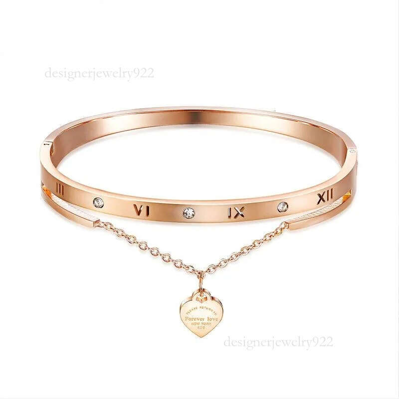 Fashion designer beautiful sparkg dia zircon heart charms bangle bracelet for woman girls 17 cm rose gold titanium steel
