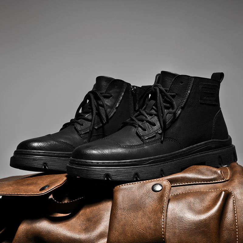 Brand Italian Leather Thick Soled Work Boots Fashionable New Winter Men's High Top Shoes Wear-resistant Soles f2c6