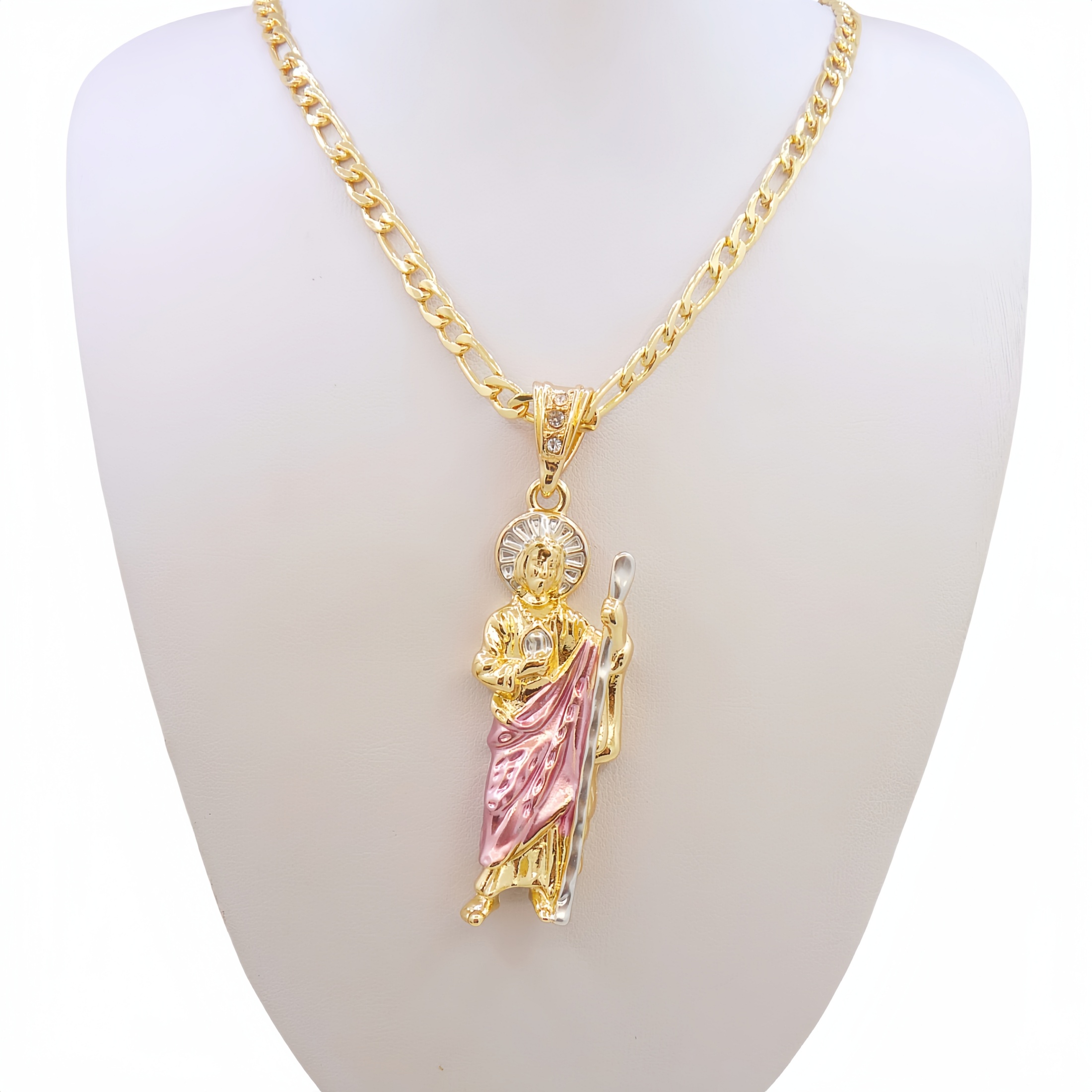 14K Gold Plated Figaro Chain Saint Jude San Judas Pendant Necklace