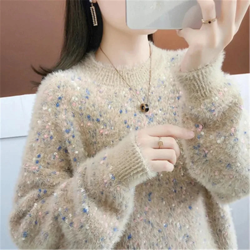 Korean womens floral womens autumn and winter sweater s mink velvet long sleeved casual bottom sweater 241113