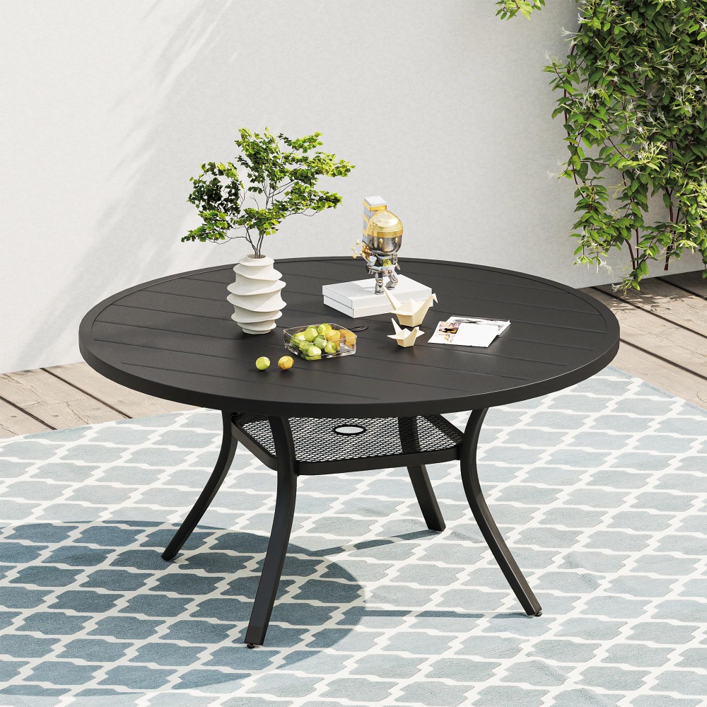 2024 Outdoor Patio Round Dining Table, Metal Slatted Round Tabletop with Adjustable Umbrella Hole for Deck Lawn Garden Backyard
