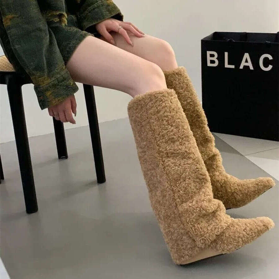 Women Winter Furry Thigh-high Pants Female Fashion Wedge Heeled Pointy Knee-high Boots 2025