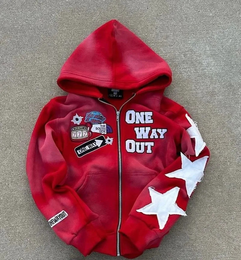 Harajuku Hip Hop High Street Embroidery Zipper Hoodie Mens Y2k Jacket American Retro Punk Oversized Sweater 241112