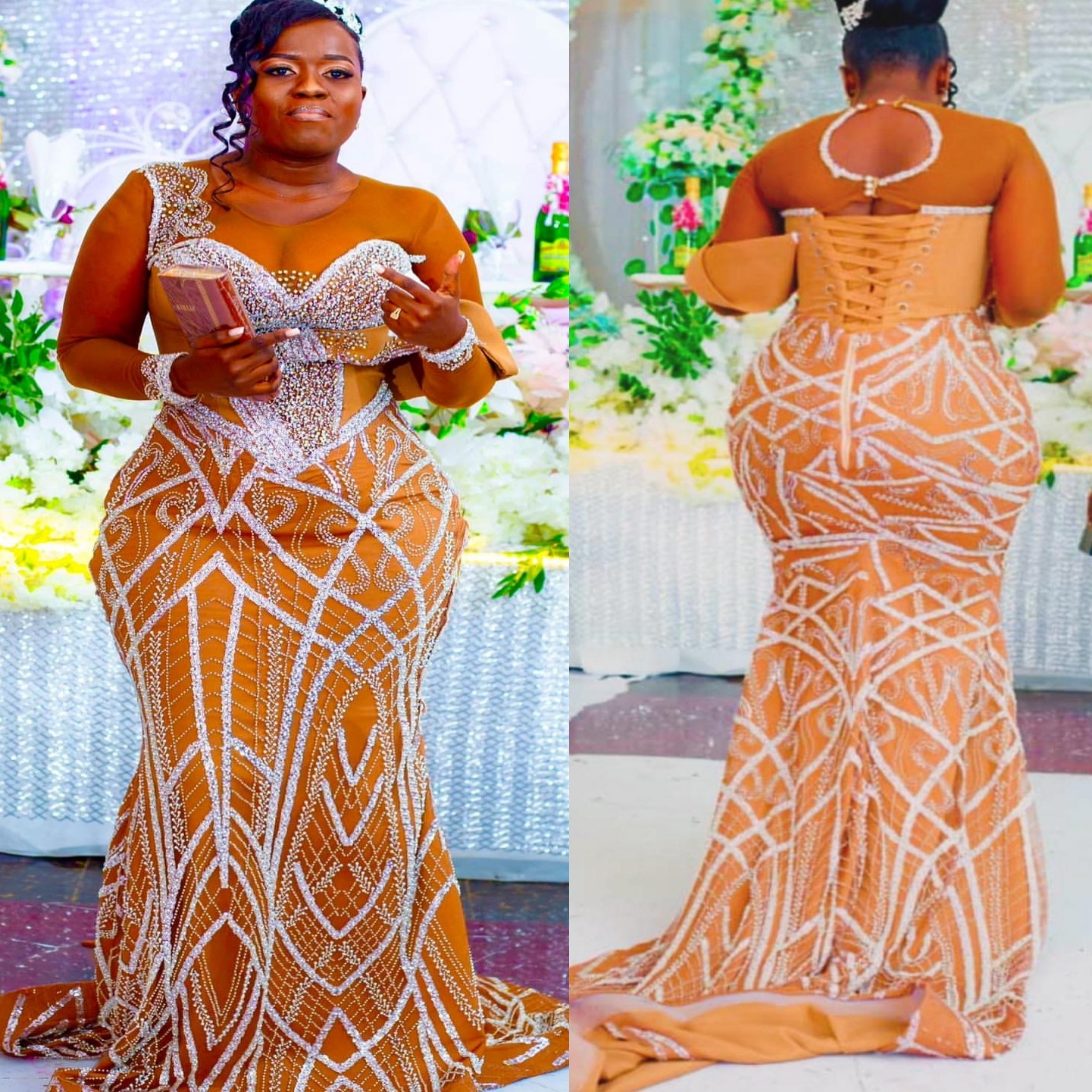 2024 Plus Size Illusion Gold Mermaid Prom Dresses For Special Occasions Crystals Beaded Sheer Neck Evening Party Birthday Gowns Dress For Women Vestid