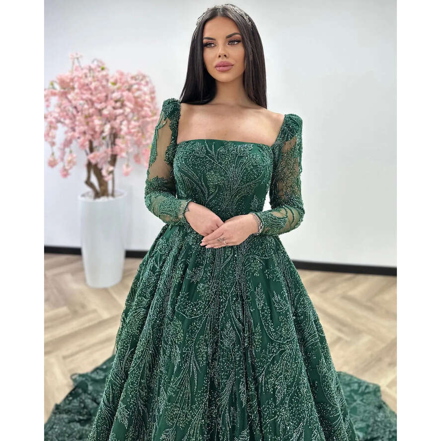 Green Emerald Crystal Evening Dresses Elegant A E Turkey Prom Dress Beaded Long Sleeves Illusion Formal Party Gowns