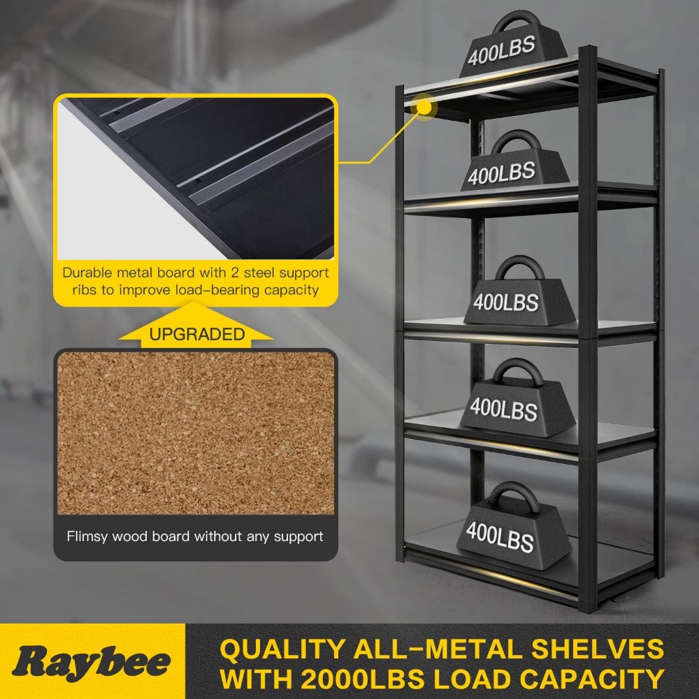 Raybee Garage Shelving 2000LBS Heavy Duty Storage Shelves Adjustable 5 Tier Metal Shelves for Storage Garage Shelves Storage
