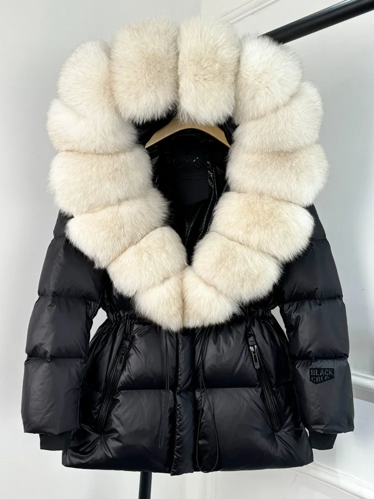 Janveny Smooth Waterproof Puff Jacket for Women Winter True Fox Fur Hooded Women Parkas Shining 90% Duck Down Jacket 241112