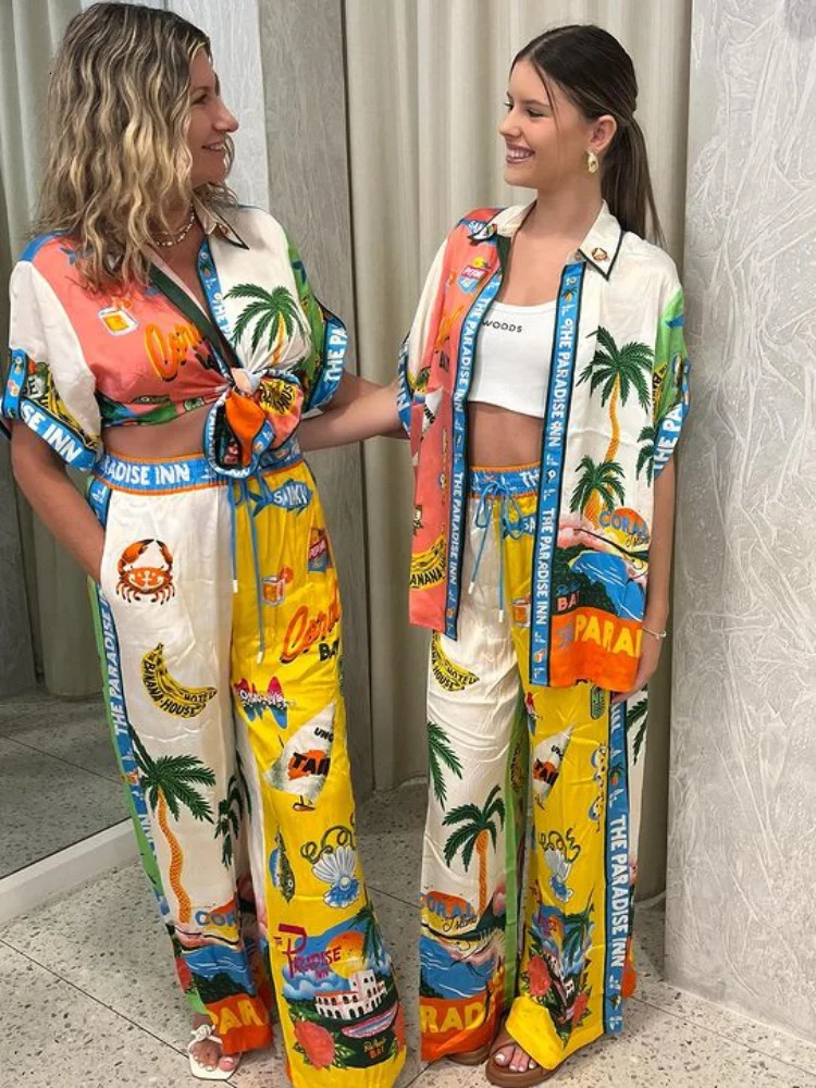 Casual Print Shirt Two Piece Set Women Loose Single Breasted Top High Waist Wide Leg Pants Female Suit 2024 Summer Lady Suits 240410