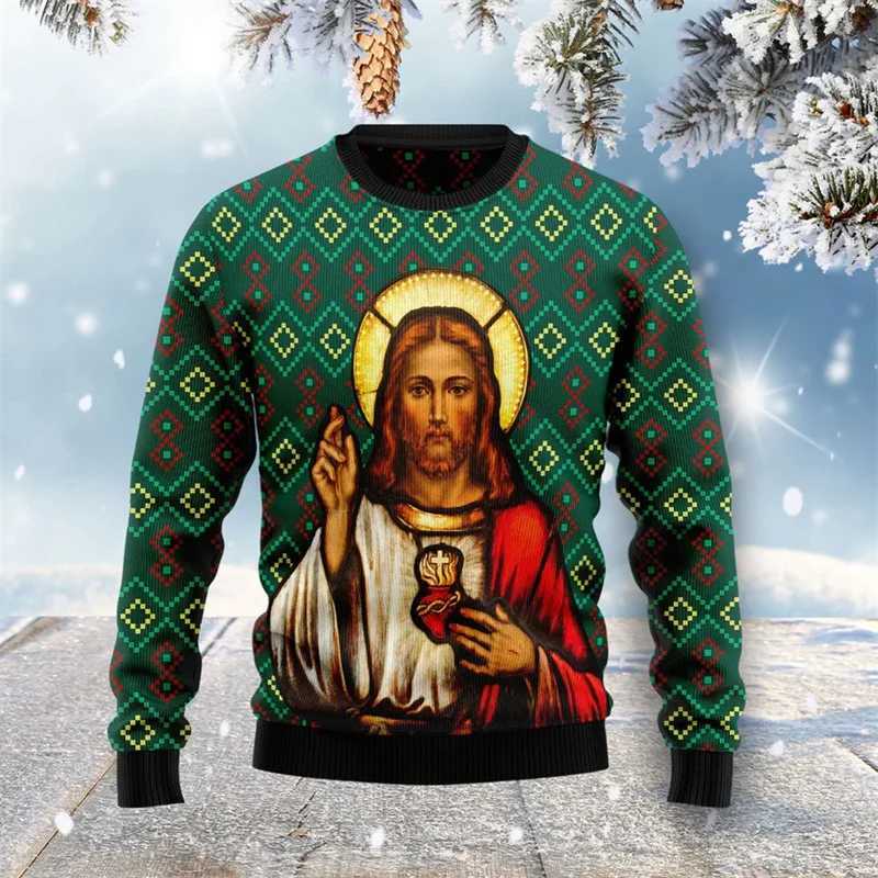 3d Printed Jesus Xmas Sweatshirt Men Christmas Ugly Christmas Sweater Women Loose Sweatshirts New Year Festival Party Hoodie LX241113