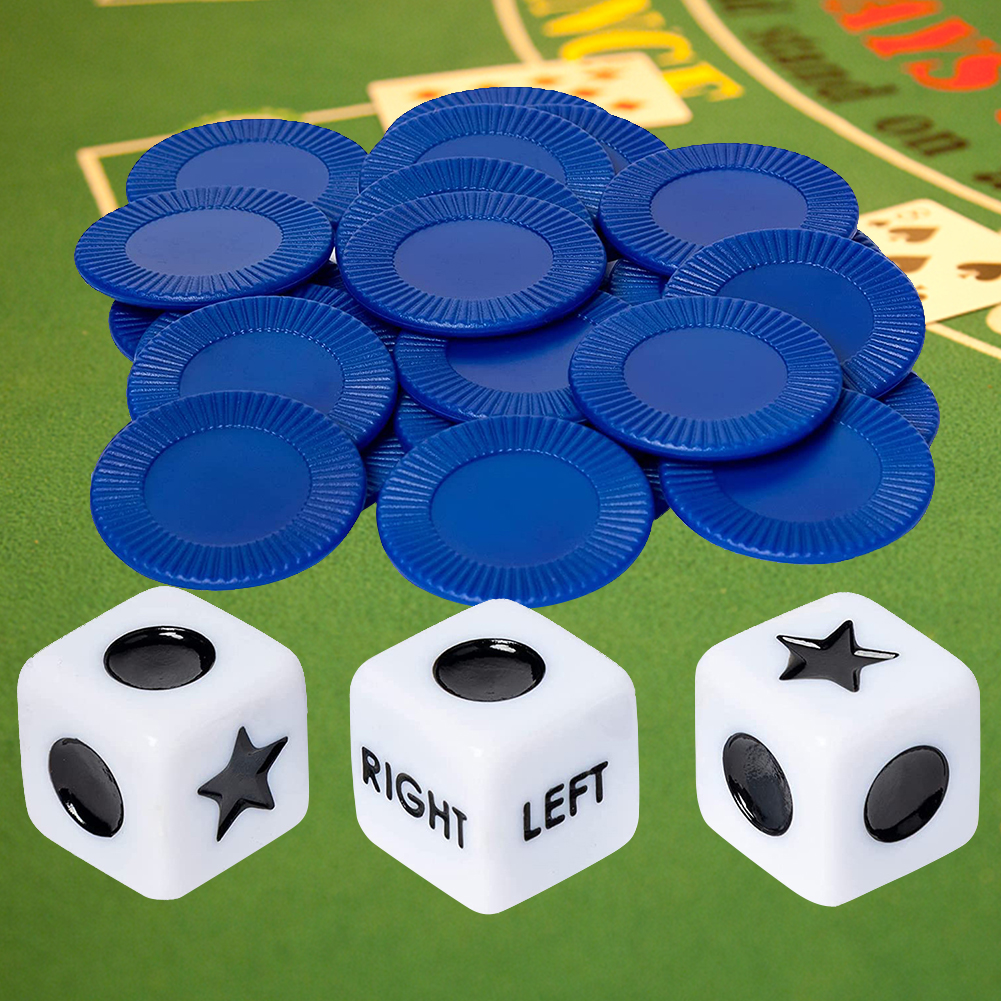 27pcs Dice Game 3 Dices and 24 Chips Left Right Center Dice Game Portable Novelty Toys for Family Friends Nights