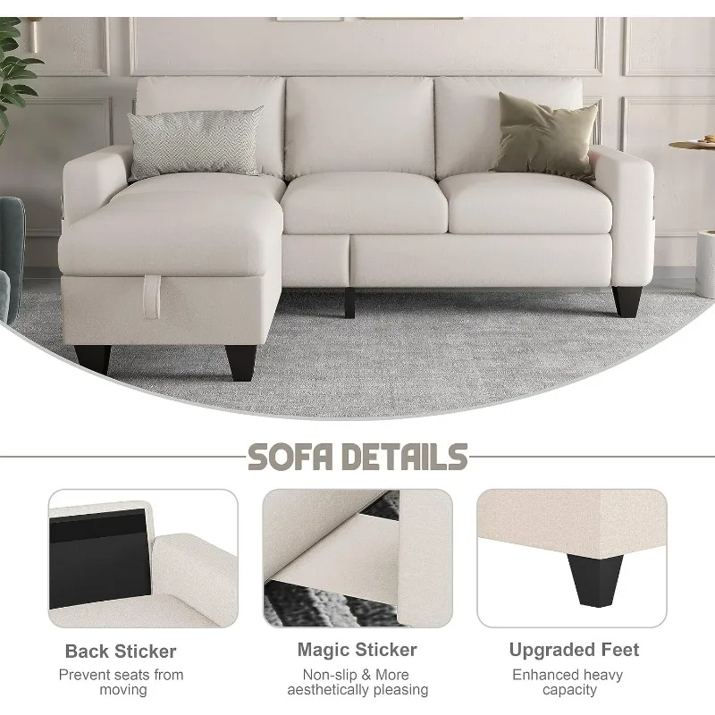 Convertible Sectional Sofa Couch,Beige Linen Fabric Modern 3-Seat L-Shaped Upholstered Furniture with Storage Reversible Ottoman
