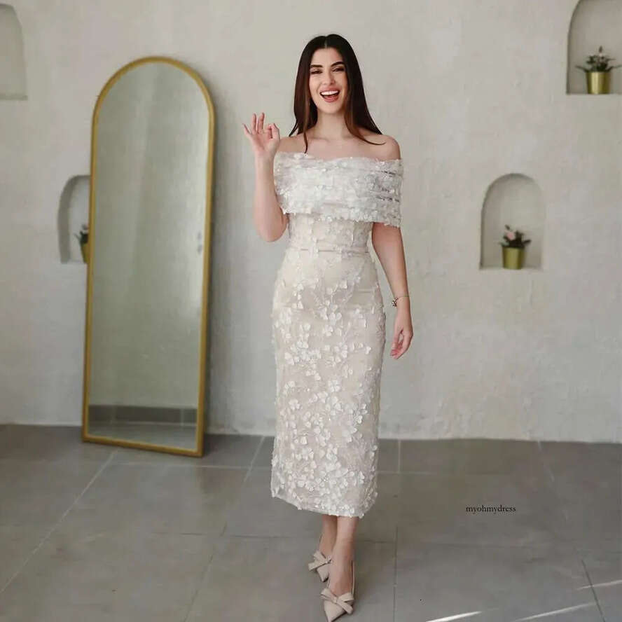 Sheath Ivory Prom Dresses Boat Neck Lace Appliques Evening Pary Gown Bead Sequin Ankle Length Womens Special Ocn Dress
