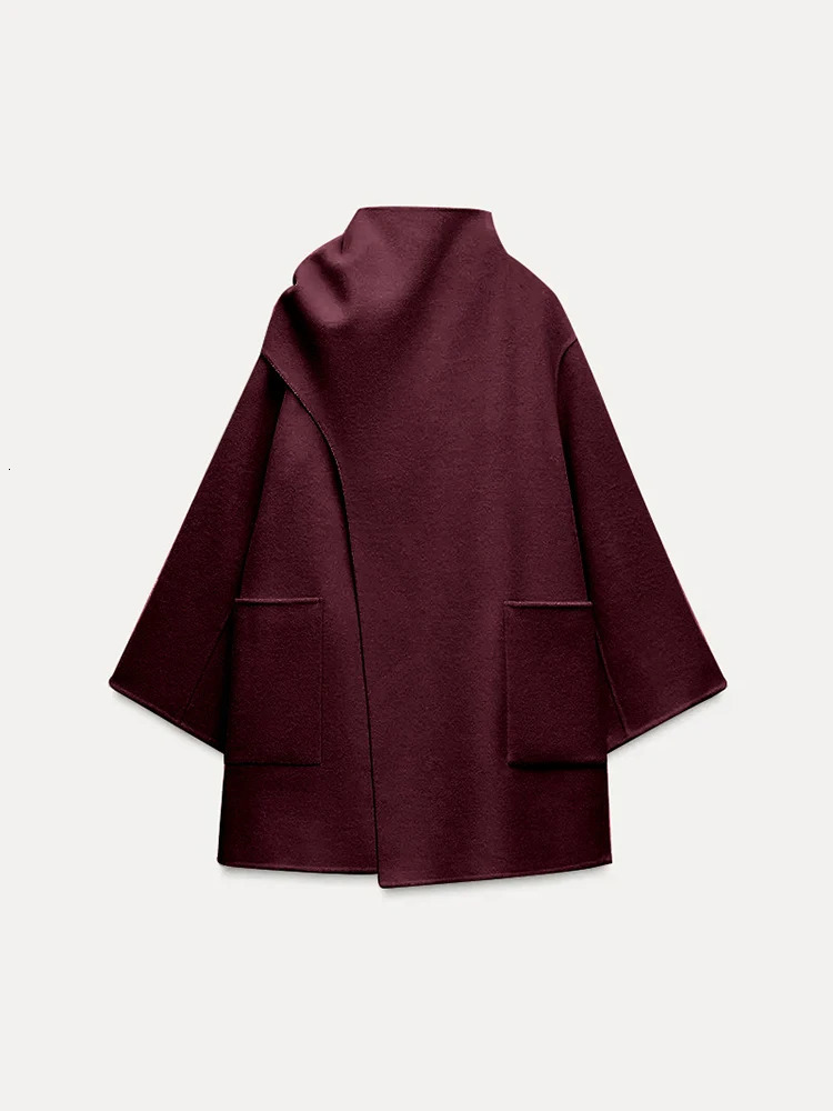 Winter Woolen Scarf Collar Cape Jacket: Fashion Irregular Coat Solid Pockets