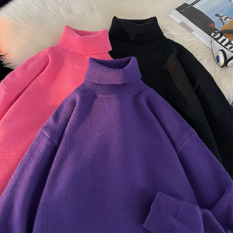 Autumn Dopamine Sweater UK Solid Color High Neck Knitted Sweater Pullover Hip Hop Basic Knitted Top 241113