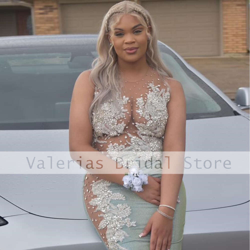 Elegant Mermaid Prom Dress For Black Girls Satin Appliques Beads Illusion Sexy Graduation Party Gowns Vestidos De Noche