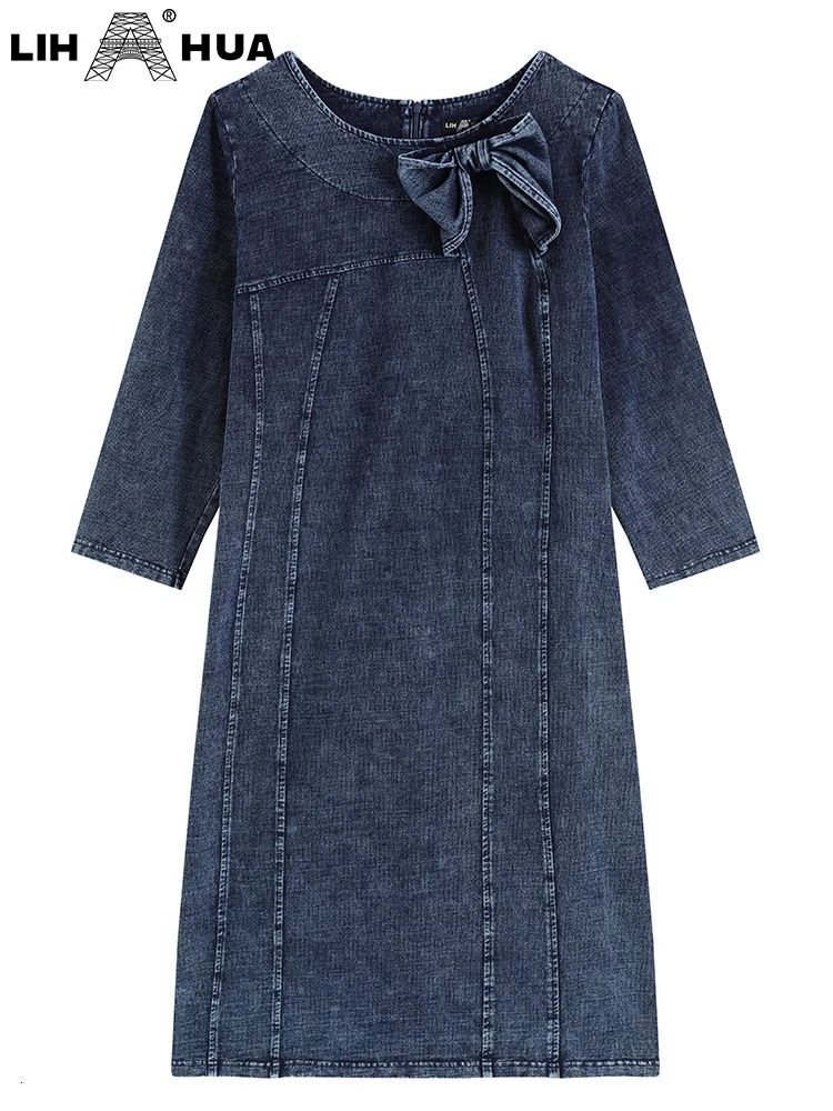 LIH HUA Womens Plus Size Denim Dress Autumn Chic Elegant Dresses For Chubby Women Cotton Knitted Bow Knot Dress 240407